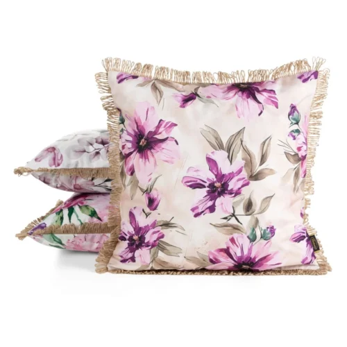 JA176-01b.webp Waterdichte Tuinkussenhoes met Franjes Beige & Roze Bloemen