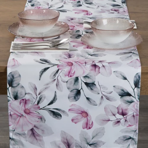 Waterdichte Tafelloper - Wit met Roze Bloemen