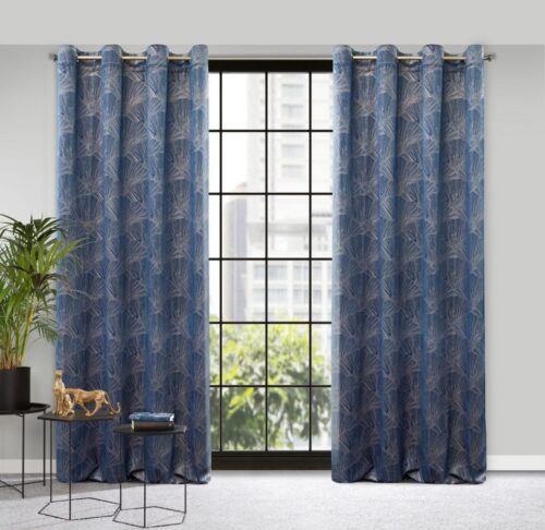 Velours Ringgordijn met Bloemen - Blauw