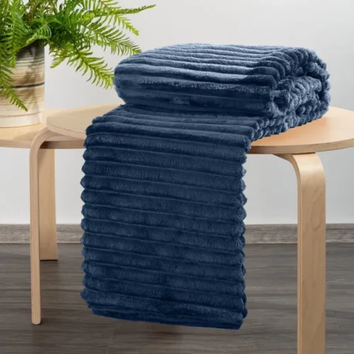 Deken teddy reliëf met strepen donkerblauw 70x160